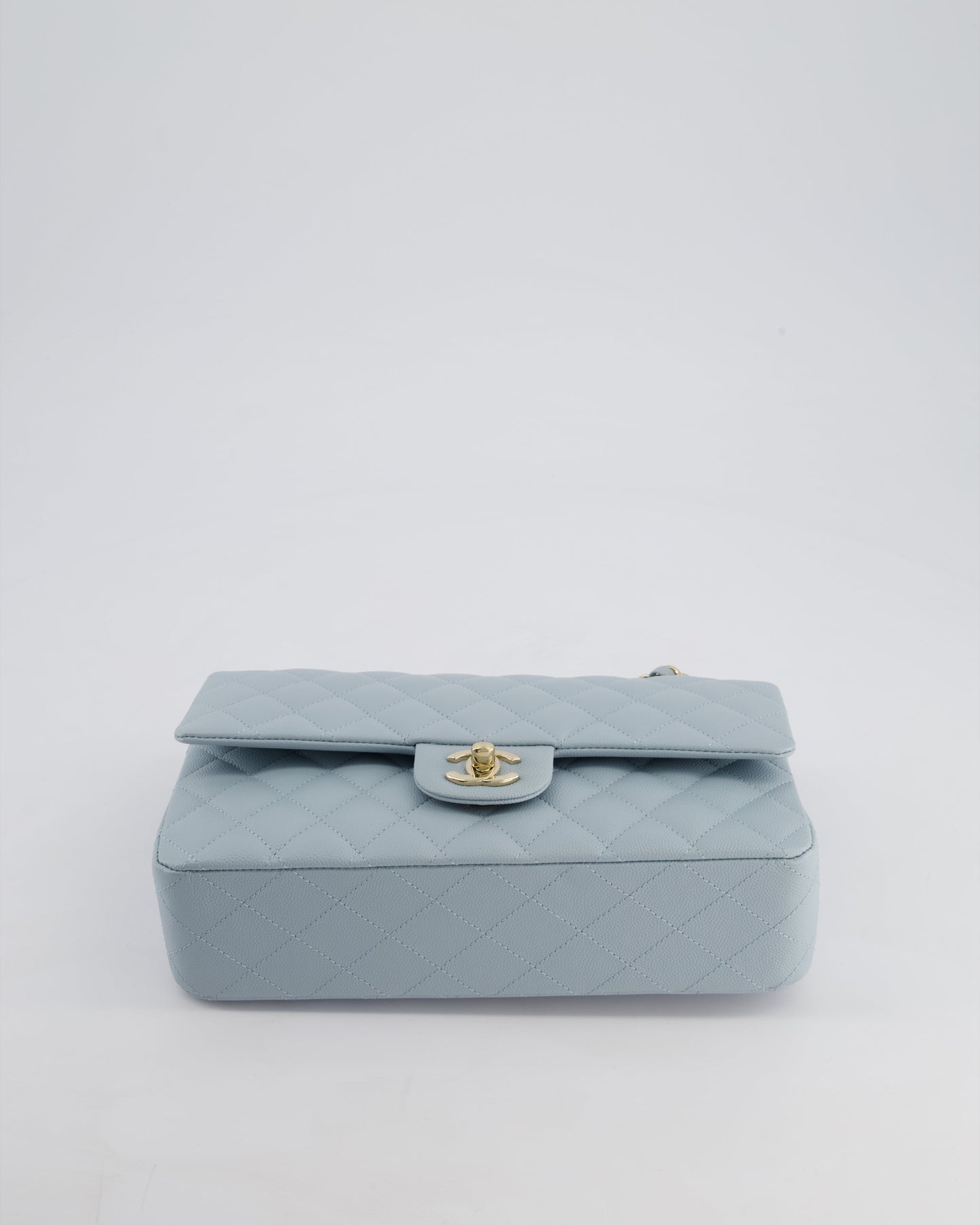 *HOT* Chanel Baby Blue Medium Classic Double Flap Bag in Caviar Leather with Champagne Gold Hardware