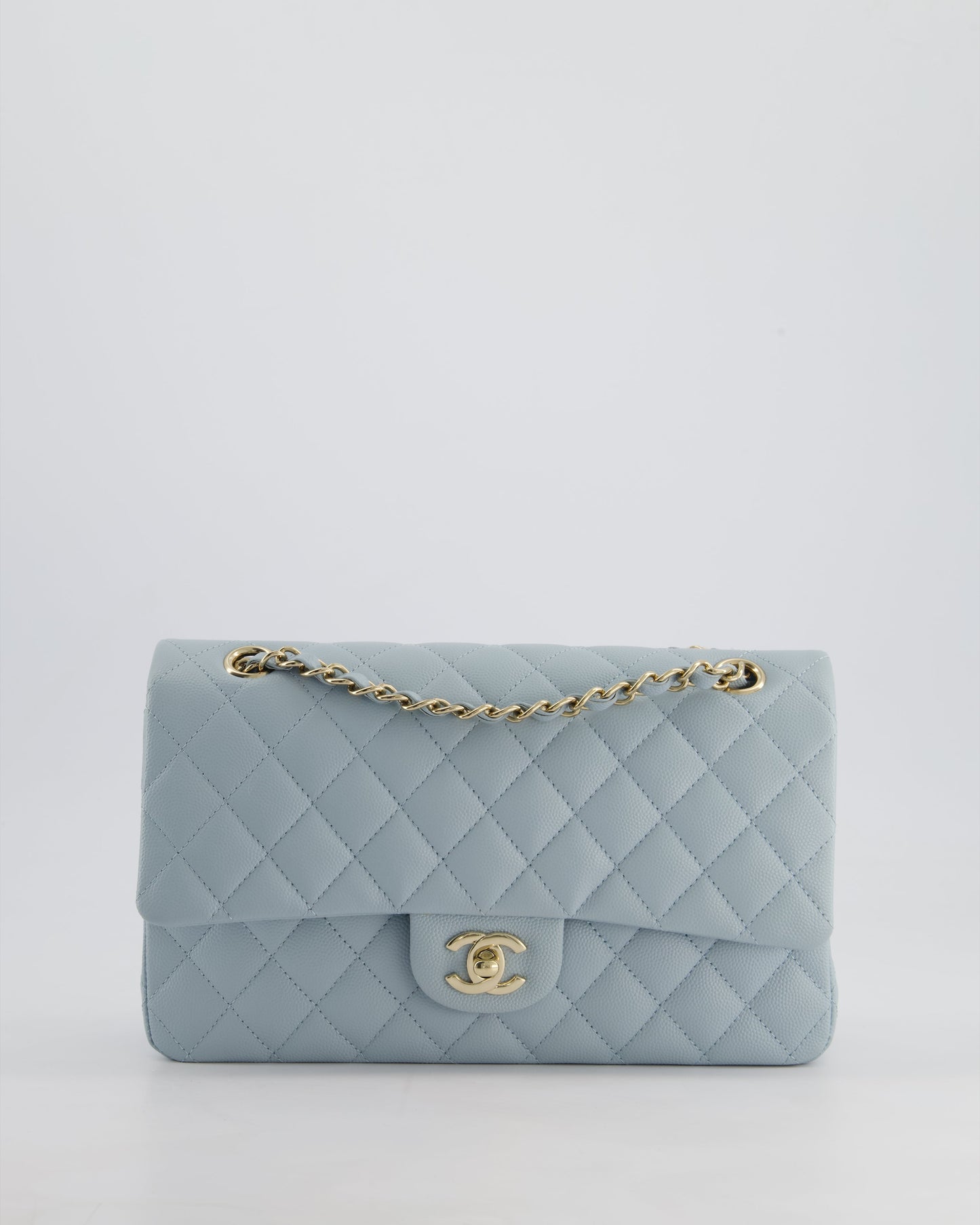 *HOT* Chanel Baby Blue Medium Classic Double Flap Bag in Caviar Leather with Champagne Gold Hardware