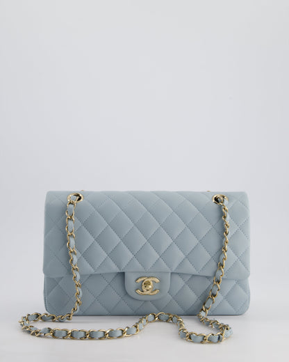 *HOT* Chanel Baby Blue Medium Classic Double Flap Bag in Caviar Leather with Champagne Gold Hardware
