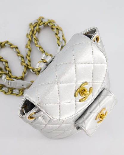 *RARE* Chanel Metallic Silver Vintage Mini Duma Backpack Bag in Lambskin Leather with 24K Gold Hardware