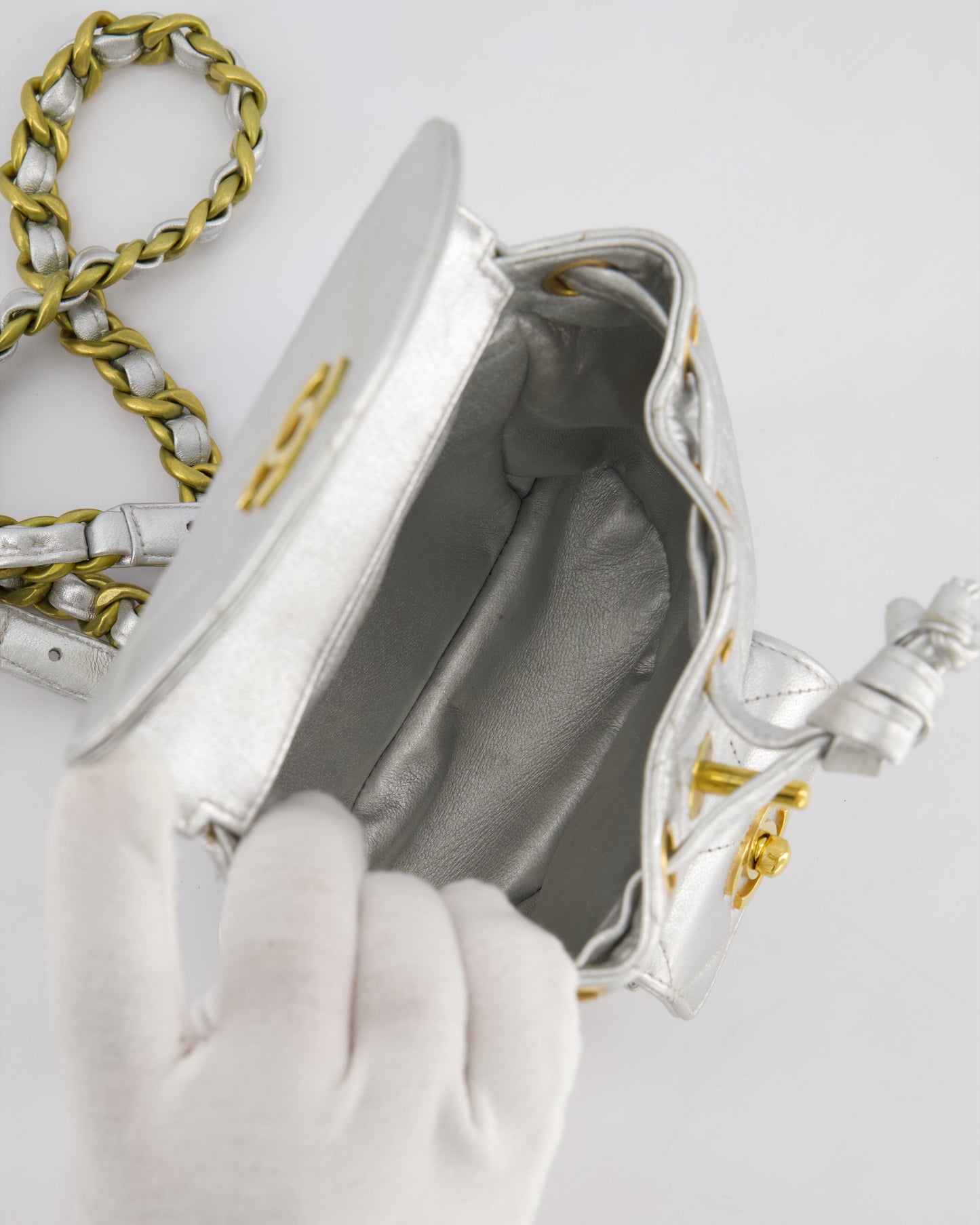 *RARE* Chanel Metallic Silver Vintage Mini Duma Backpack Bag in Lambskin Leather with 24K Gold Hardware