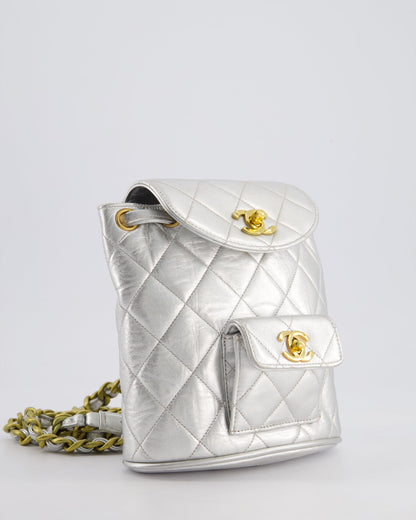 *RARE* Chanel Metallic Silver Vintage Mini Duma Backpack Bag in Lambskin Leather with 24K Gold Hardware