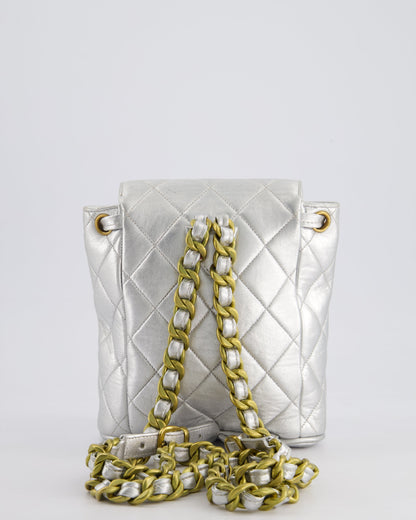 *RARE* Chanel Metallic Silver Vintage Mini Duma Backpack Bag in Lambskin Leather with 24K Gold Hardware