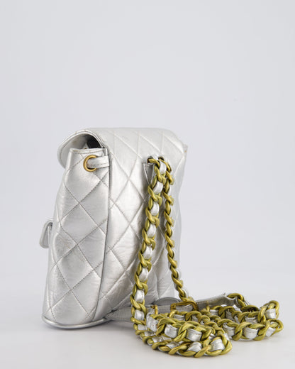 *RARE* Chanel Metallic Silver Vintage Mini Duma Backpack Bag in Lambskin Leather with 24K Gold Hardware