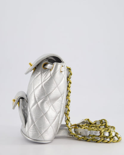 *RARE* Chanel Metallic Silver Vintage Mini Duma Backpack Bag in Lambskin Leather with 24K Gold Hardware
