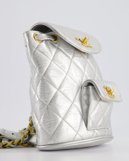 *RARE* Chanel Metallic Silver Vintage Mini Duma Backpack Bag in Lambskin Leather with 24K Gold Hardware