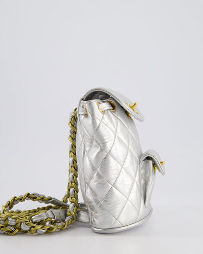 *RARE* Chanel Metallic Silver Vintage Mini Duma Backpack Bag in Lambskin Leather with 24K Gold Hardware