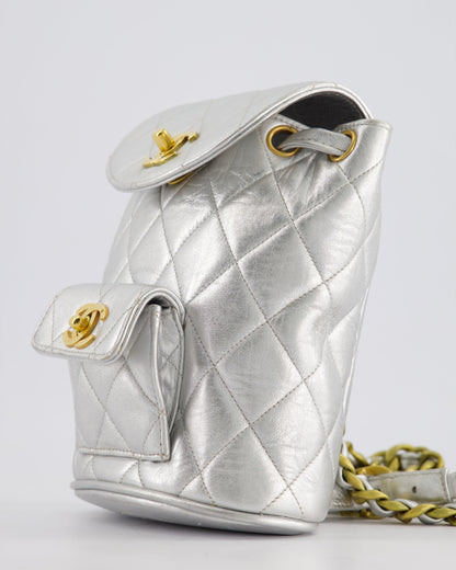 *RARE* Chanel Metallic Silver Vintage Mini Duma Backpack Bag in Lambskin Leather with 24K Gold Hardware