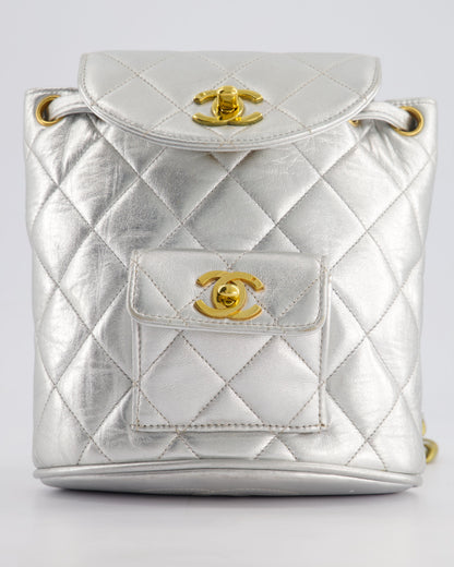 *RARE* Chanel Metallic Silver Vintage Mini Duma Backpack Bag in Lambskin Leather with 24K Gold Hardware