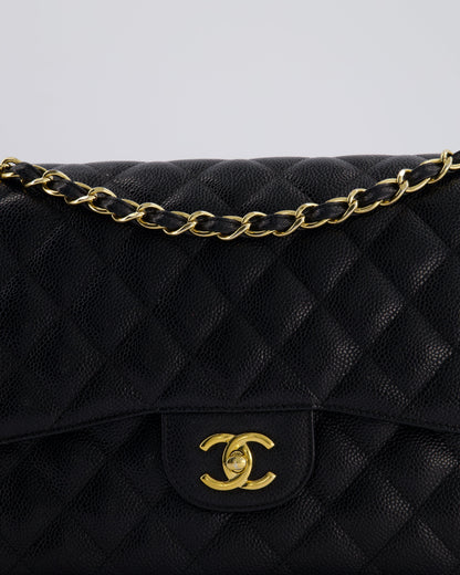 Chanel Black Jumbo Classic Double Flap Bag in Caviar Leather with Gold Hardware