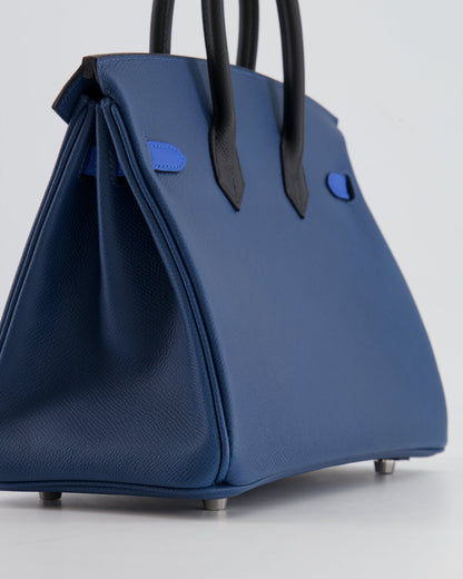 Hermès Birkin 25cm Retourne Tricolour in Deep Blue, Bleu Hydra and Black Epsom Leather with Palladium Hardware