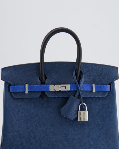 Hermès Birkin 25cm Retourne Tricolour in Deep Blue, Bleu Hydra and Black Epsom Leather with Palladium Hardware