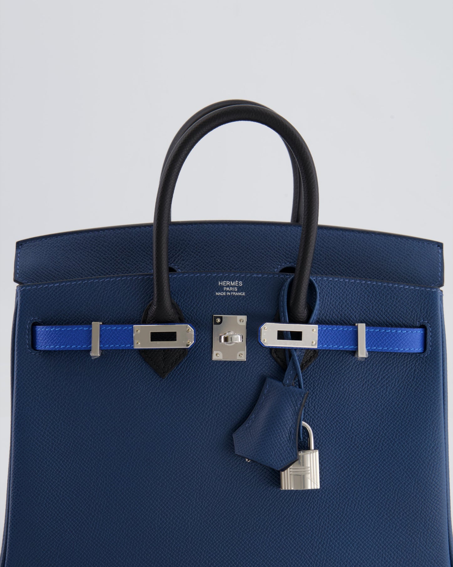 Hermès Birkin 25cm Retourne Tricolour in Deep Blue, Bleu Hydra and Black Epsom Leather with Palladium Hardware