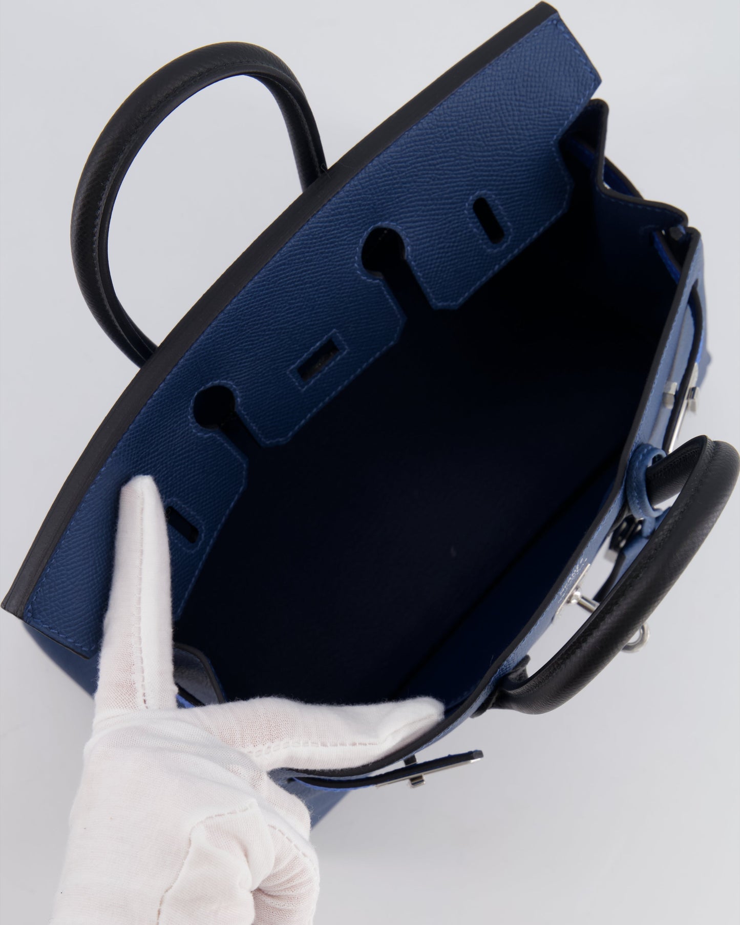 Hermès Birkin 25cm Retourne Tricolour in Deep Blue, Bleu Hydra and Black Epsom Leather with Palladium Hardware