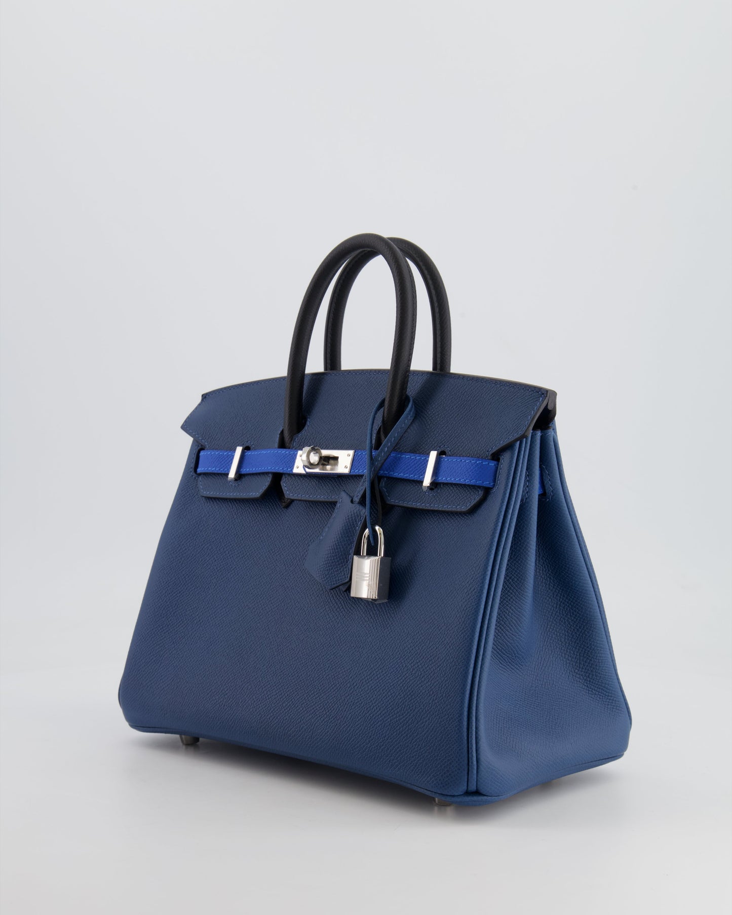 Hermès Birkin 25cm Retourne Tricolour in Deep Blue, Bleu Hydra and Black Epsom Leather with Palladium Hardware