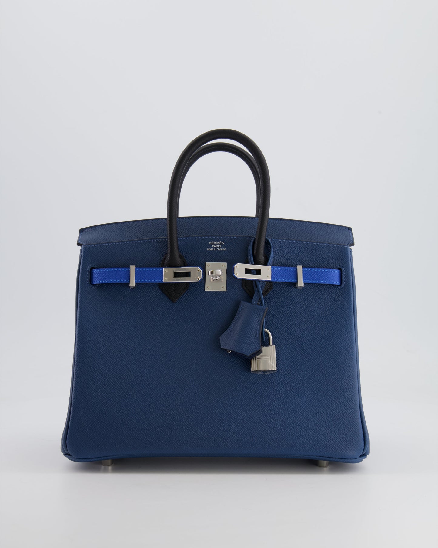 Hermès Birkin 25cm Retourne Tricolour in Deep Blue, Bleu Hydra and Black Epsom Leather with Palladium Hardware