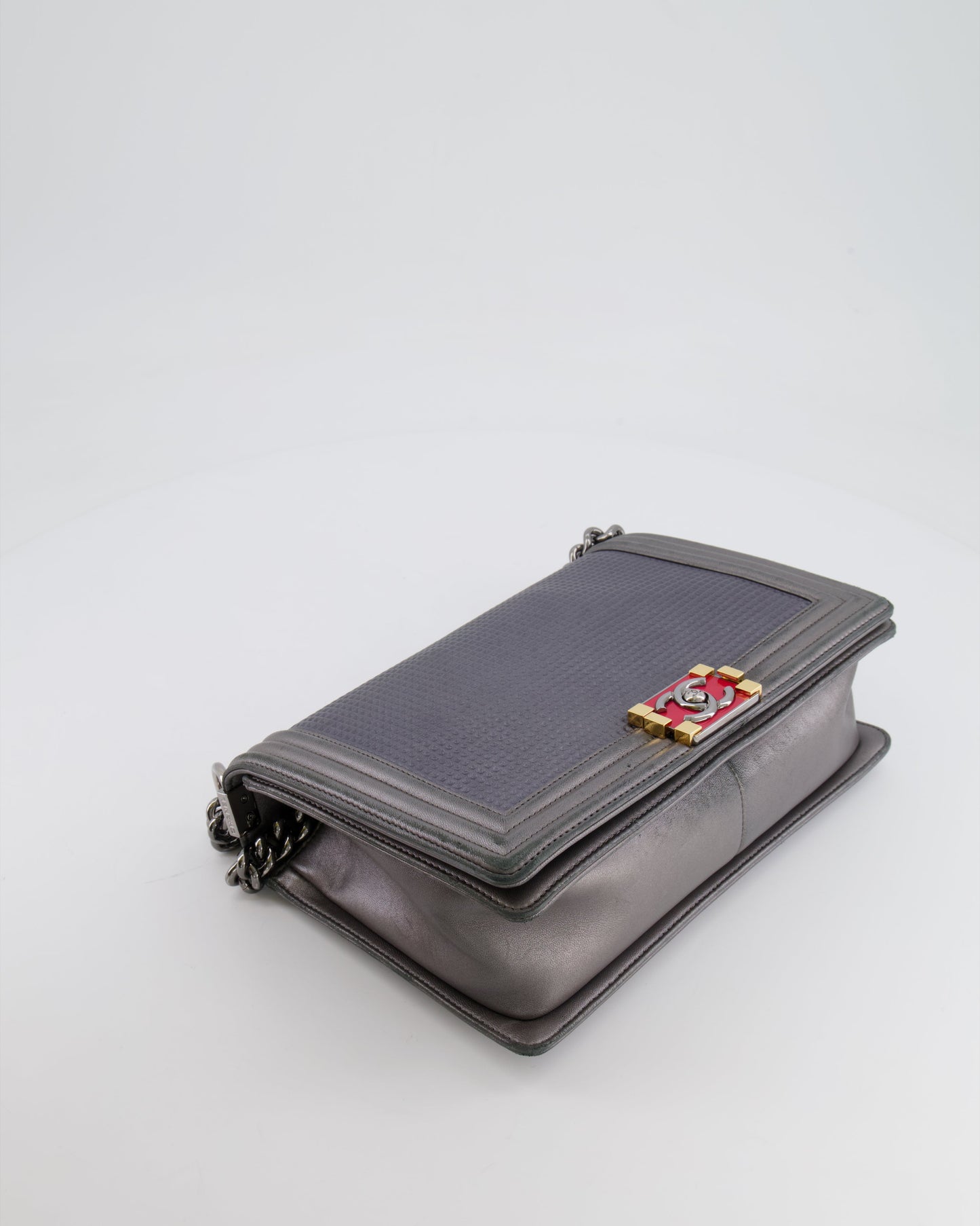 Chanel Grey Silver Medium Cube Calfskin Boy Bag with Silver, Gold and Red Hardware Hardware