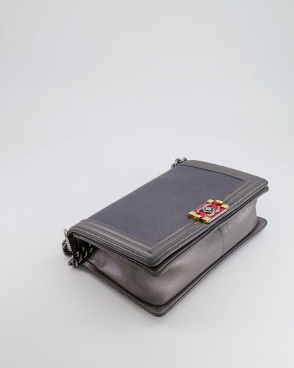 Chanel Grey Silver Medium Cube Calfskin Boy Bag with Silver, Gold and Red Hardware Hardware