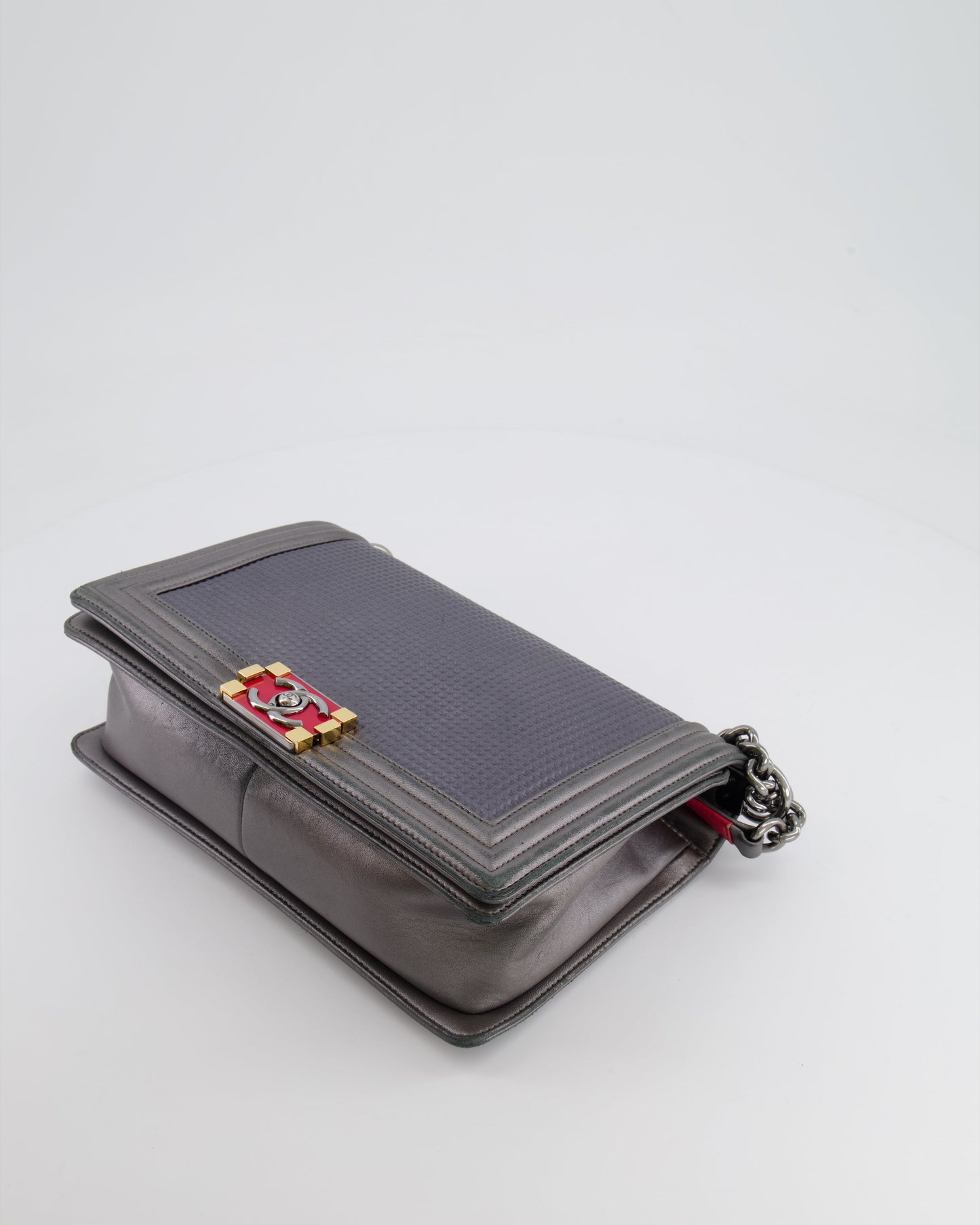 Chanel Grey Silver Medium Cube Calfskin Boy Bag with Silver, Gold and Red Hardware Hardware