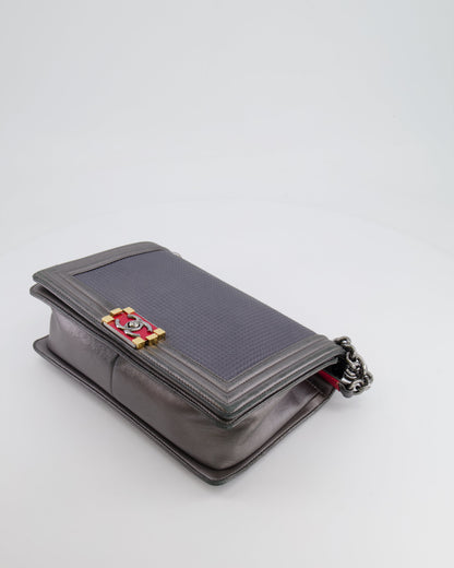 Chanel Grey Silver Medium Cube Calfskin Boy Bag with Silver, Gold and Red Hardware Hardware