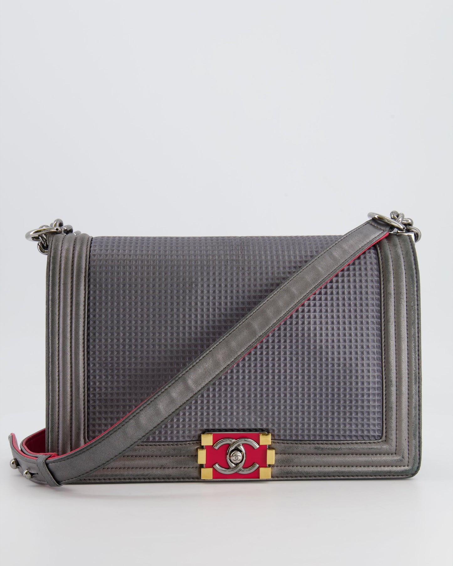 Chanel Grey Silver Medium Cube Calfskin Boy Bag with Silver, Gold and Red Hardware Hardware