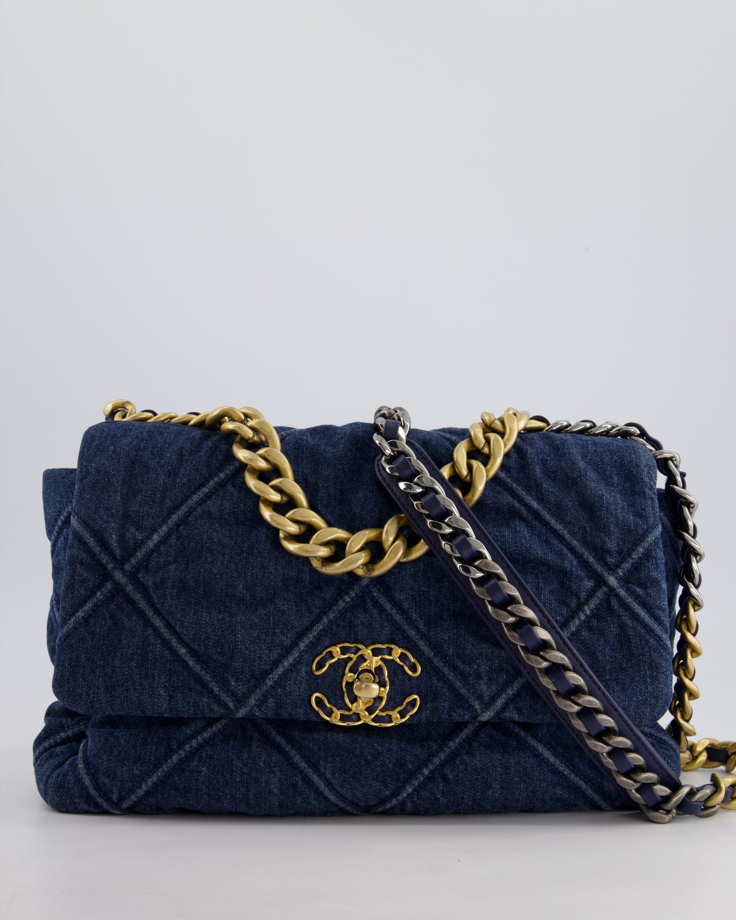Chanel Blue Large 19 Bag in Quilted Denim with Mixed Hardware