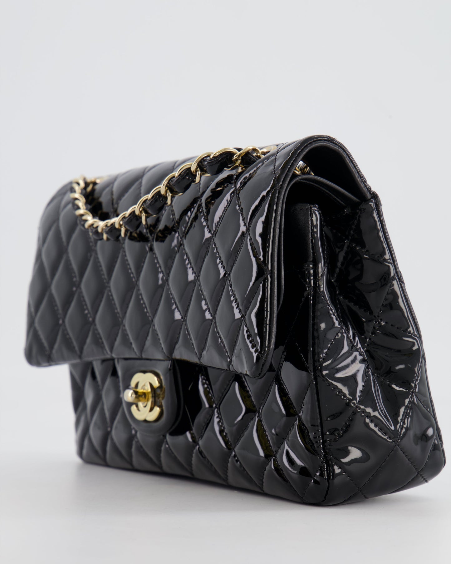 Chanel Black Medium Classic Double Flap Bag in Patent Leather with Gold Hardware