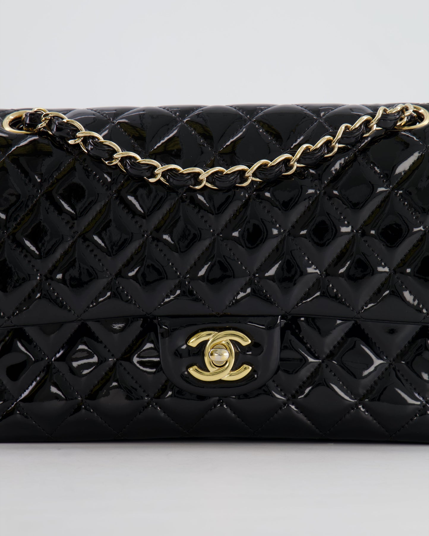 Chanel Black Medium Classic Double Flap Bag in Patent Leather with Gold Hardware