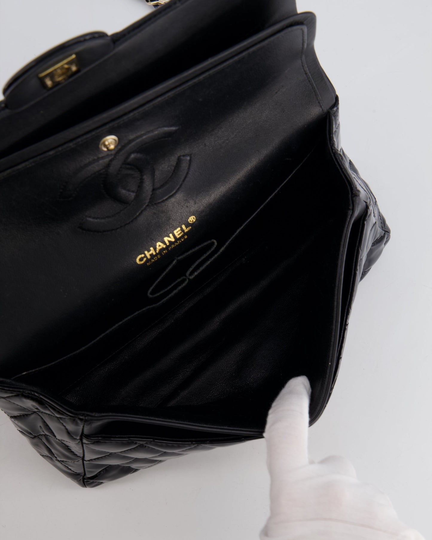 Chanel Black Medium Classic Double Flap Bag in Patent Leather with Gold Hardware