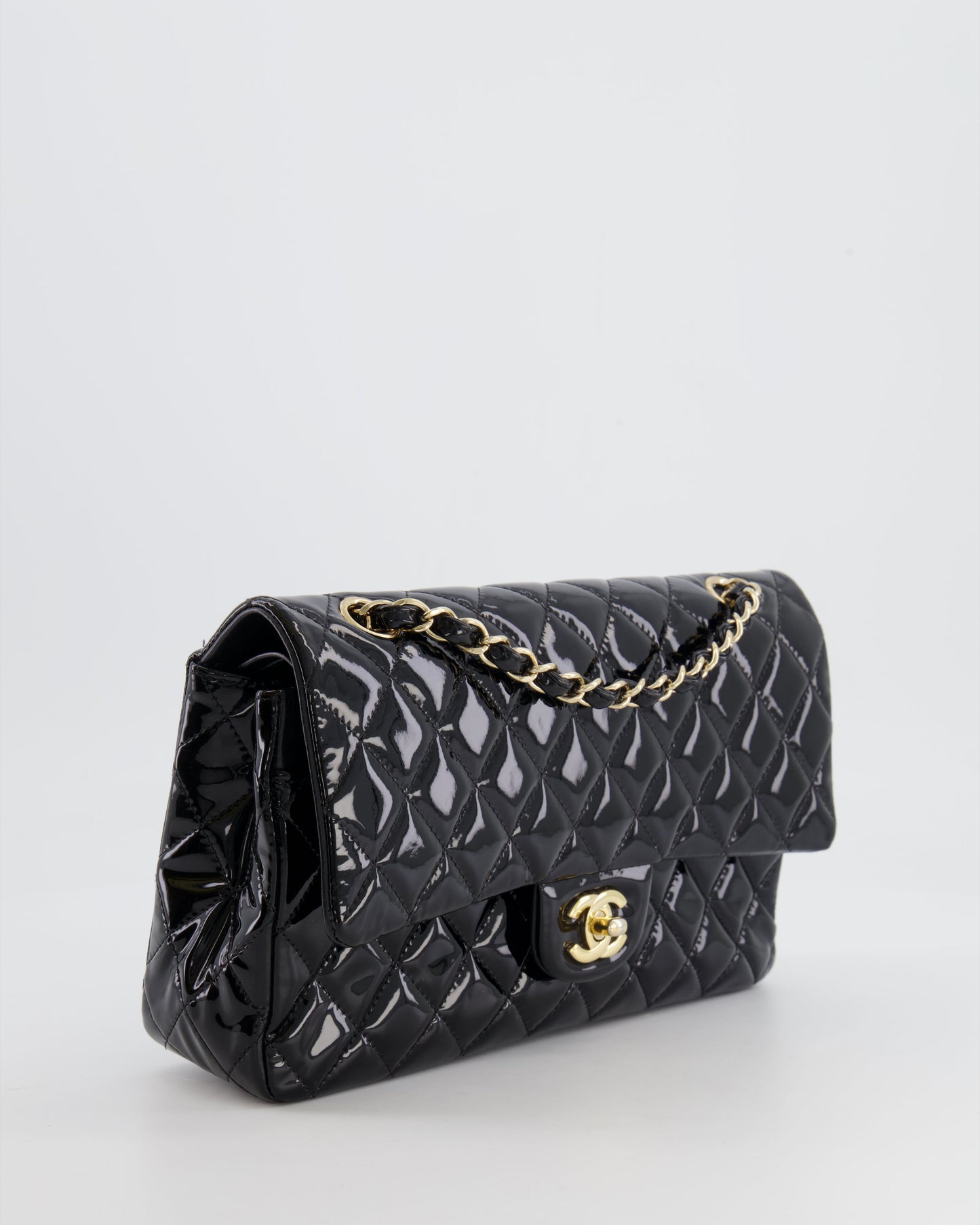 Chanel Black Medium Classic Double Flap Bag in Patent Leather with Gold Hardware