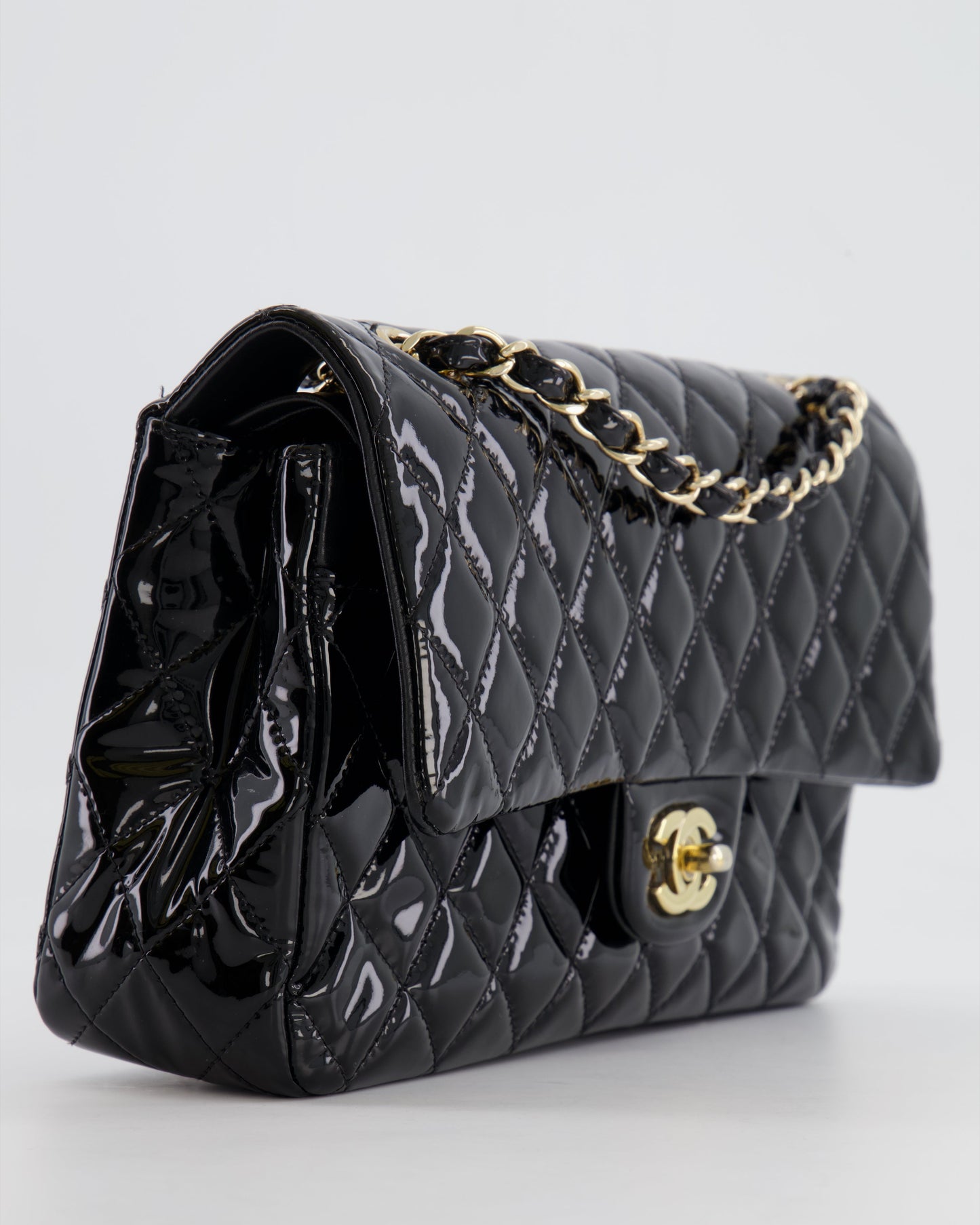 Chanel Black Medium Classic Double Flap Bag in Patent Leather with Gold Hardware