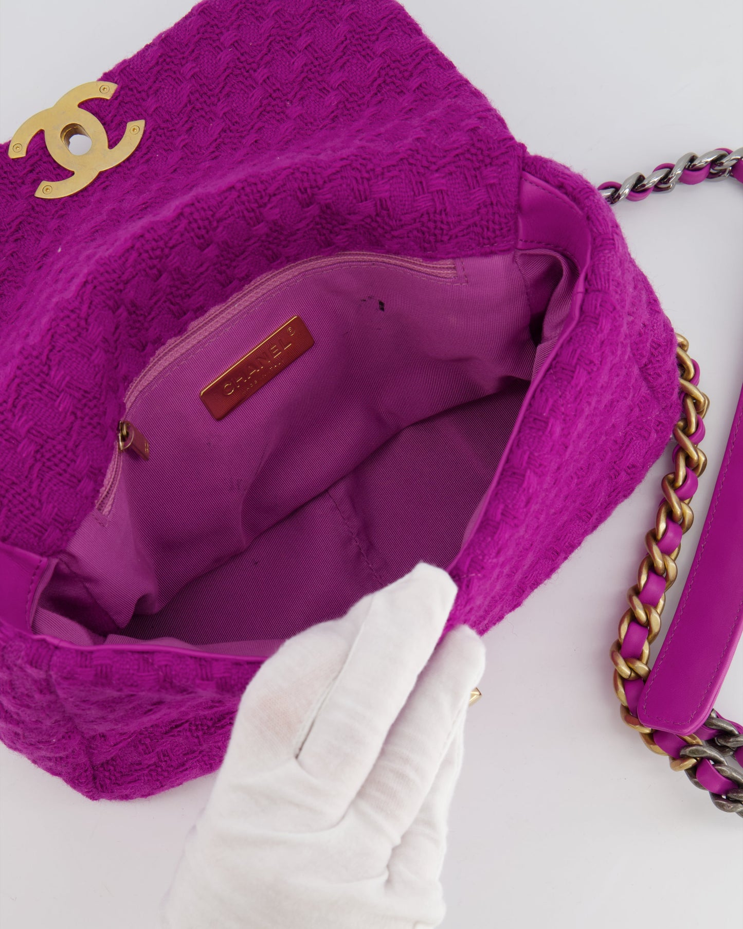 Chanel Magenta Tweed Medium 19 Bag with Mixed Hardware