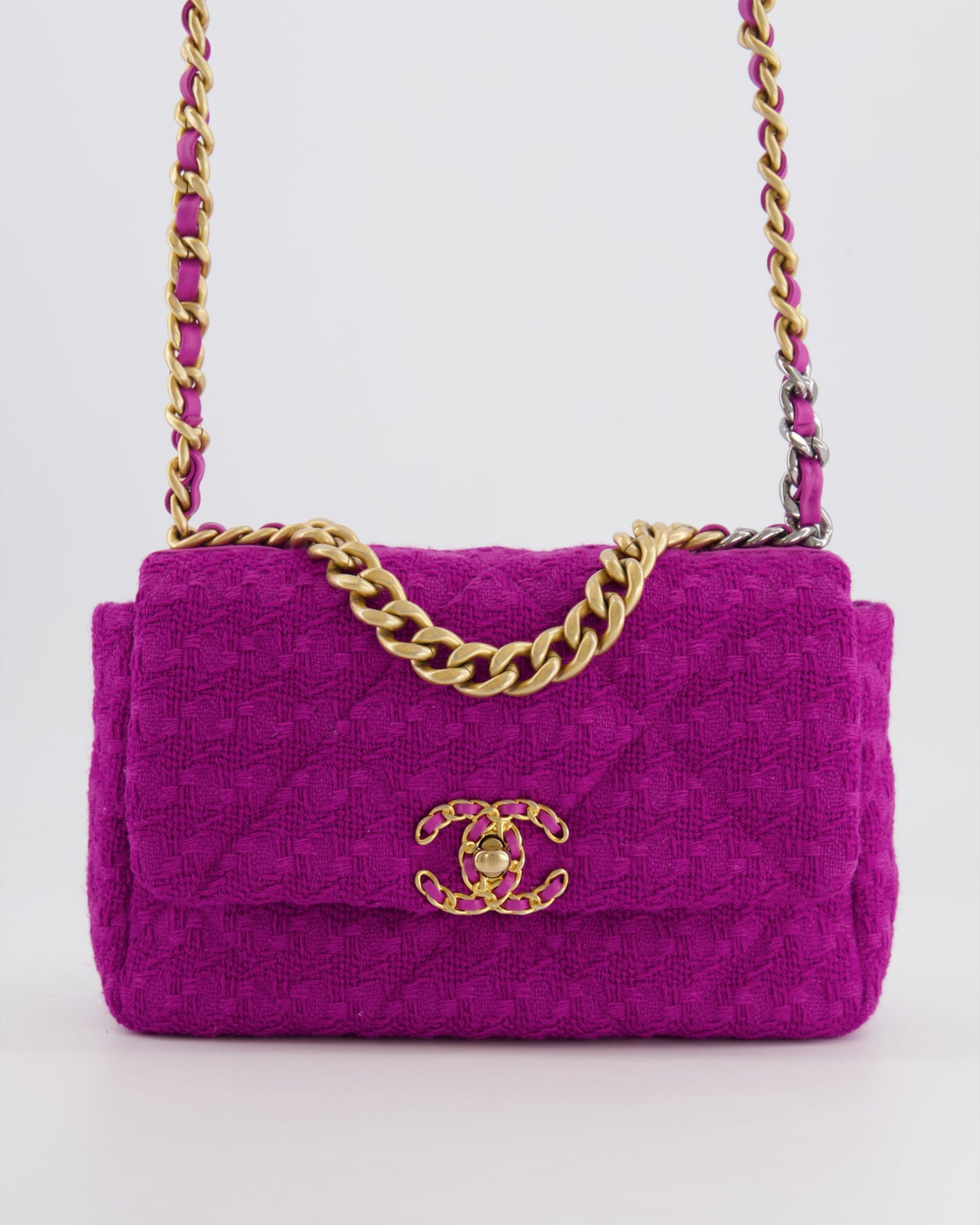 Chanel Magenta Tweed Medium 19 Bag with Mixed Hardware