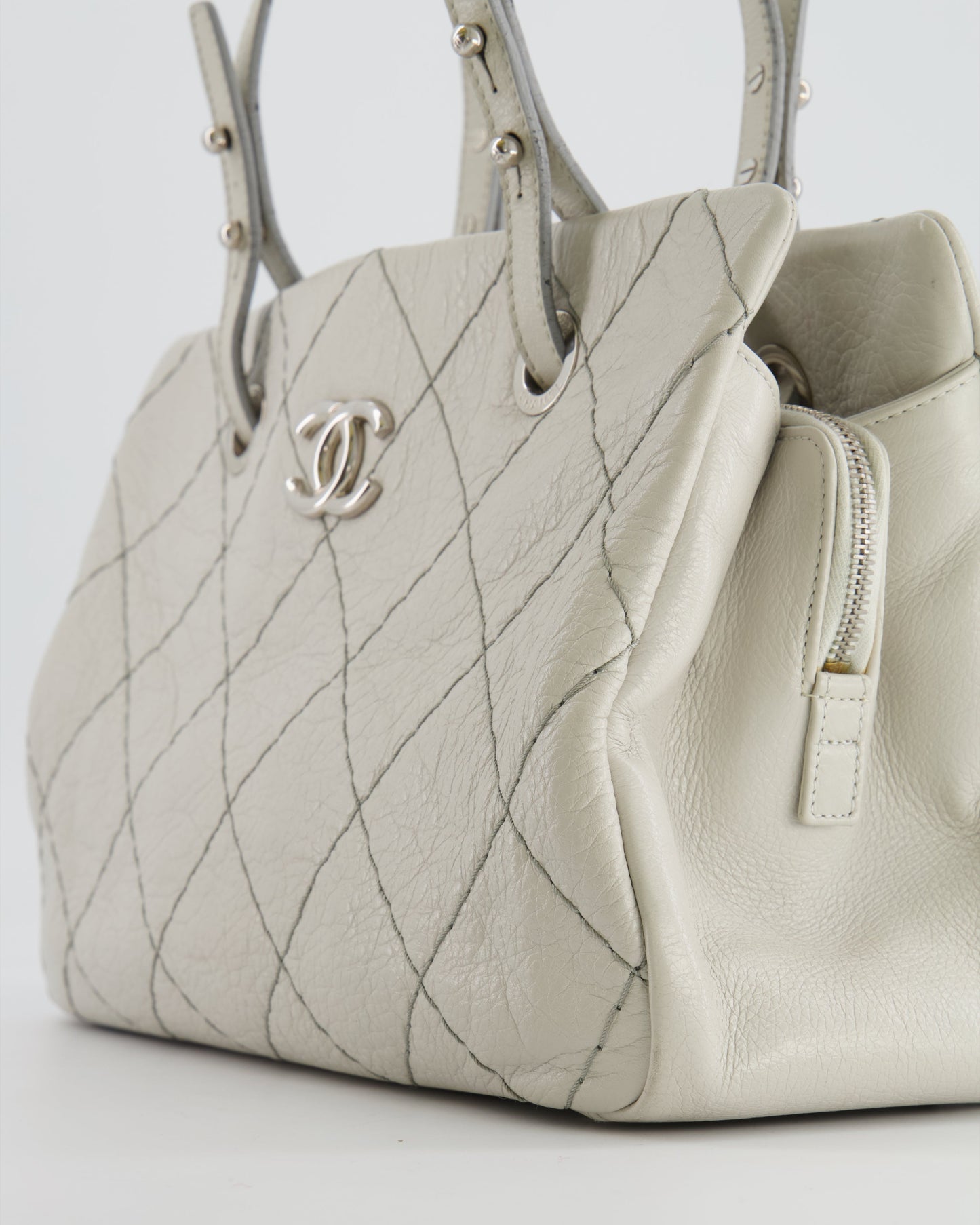 Chanel Light Grey Matelasse Leather Shoulder Tote Bag with Silver Hardware