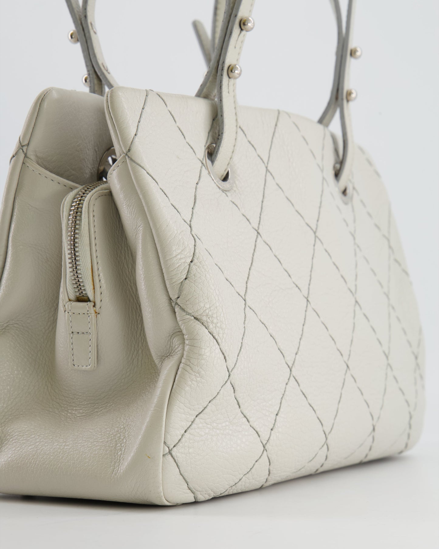 Chanel Light Grey Matelasse Leather Shoulder Tote Bag with Silver Hardware