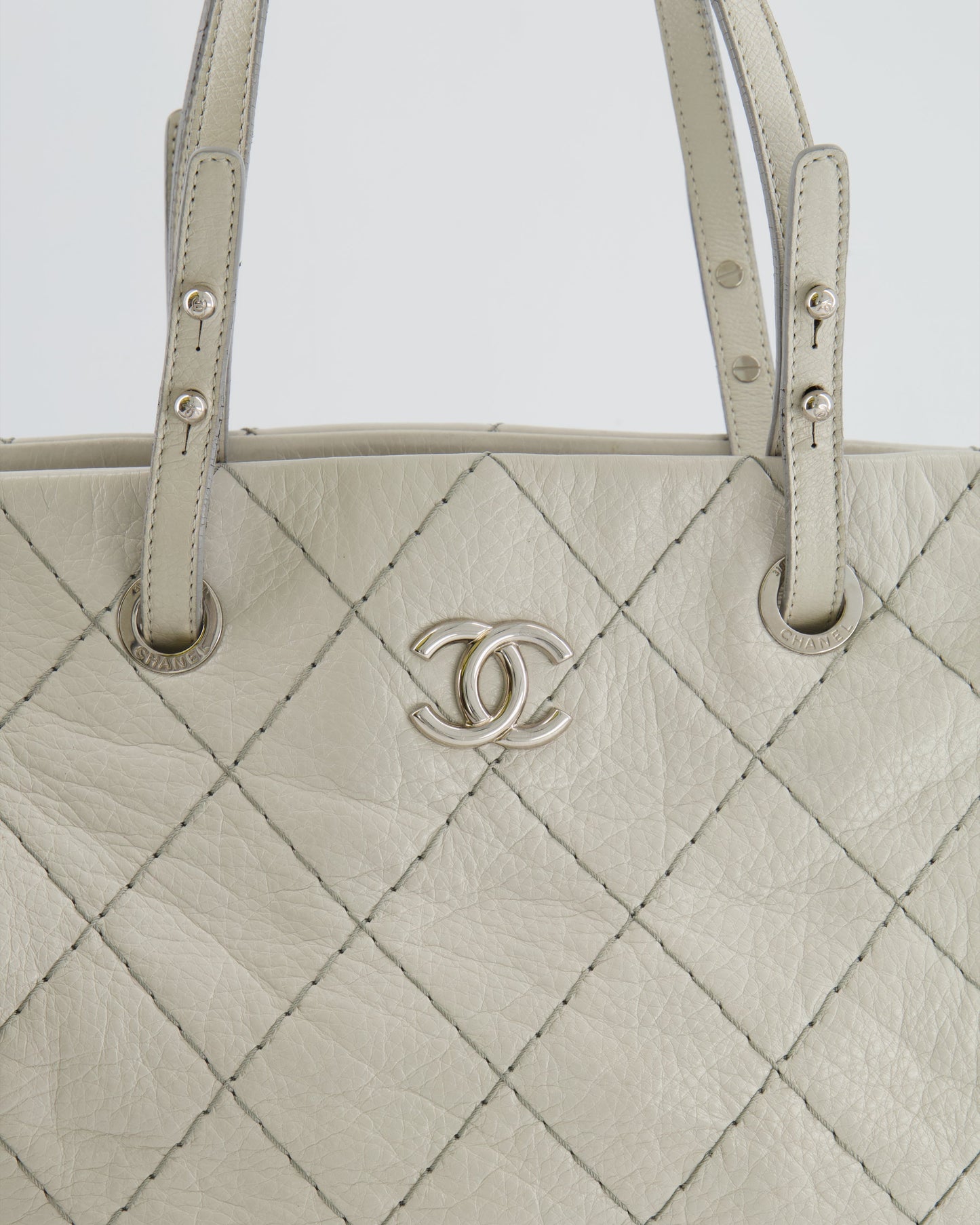 Chanel Light Grey Matelasse Leather Shoulder Tote Bag with Silver Hardware