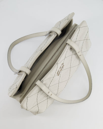 Chanel Light Grey Matelasse Leather Shoulder Tote Bag with Silver Hardware