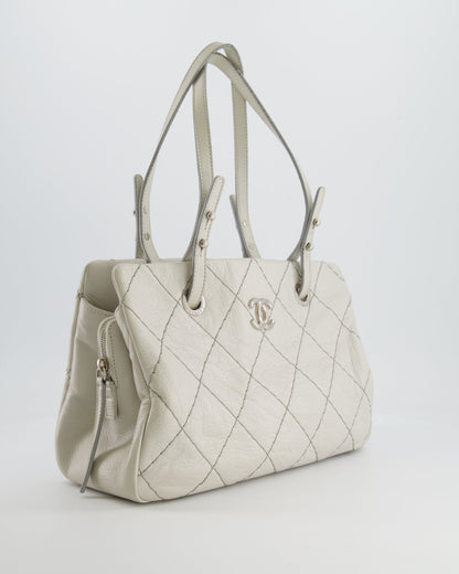 Chanel Light Grey Matelasse Leather Shoulder Tote Bag with Silver Hardware