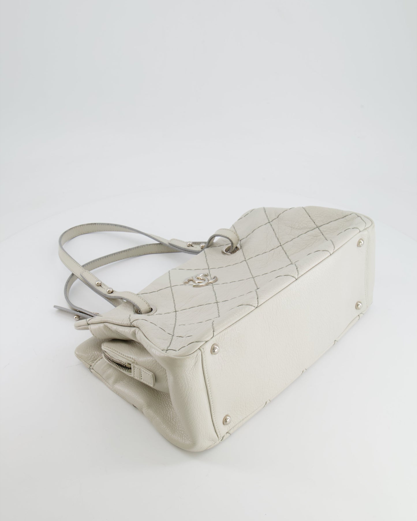 Chanel Light Grey Matelasse Leather Shoulder Tote Bag with Silver Hardware