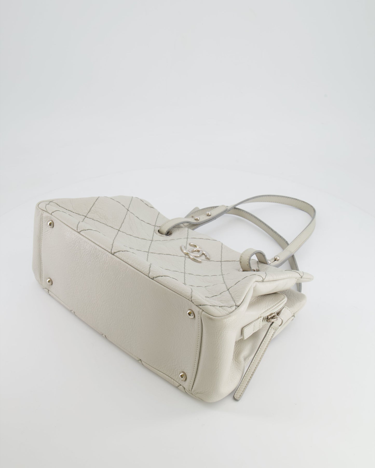 Chanel Light Grey Matelasse Leather Shoulder Tote Bag with Silver Hardware