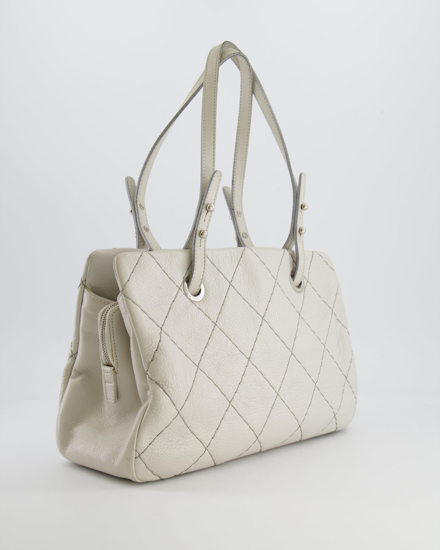 Chanel Light Grey Matelasse Leather Shoulder Tote Bag with Silver Hardware