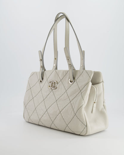 Chanel Light Grey Matelasse Leather Shoulder Tote Bag with Silver Hardware