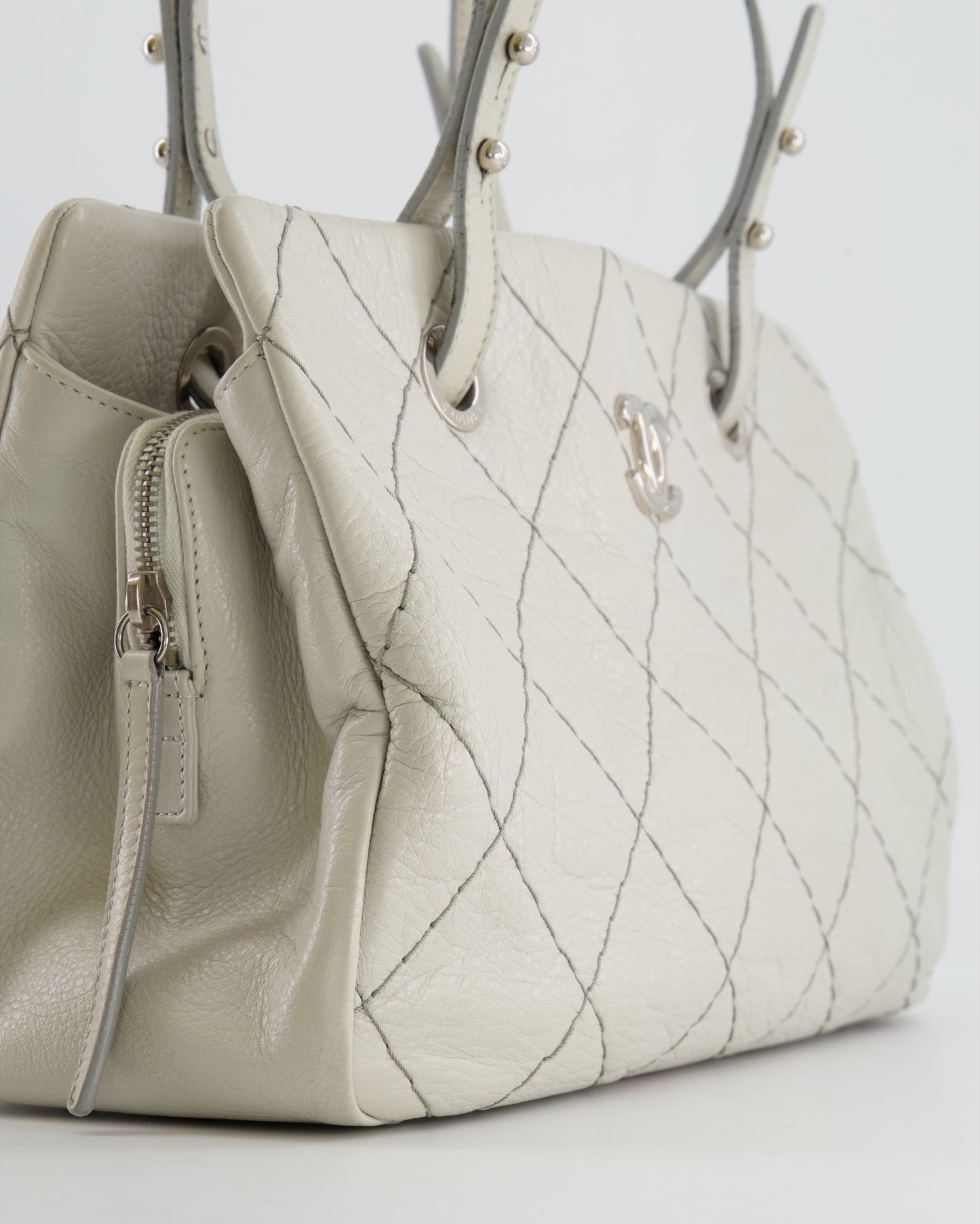 Chanel Light Grey Matelasse Leather Shoulder Tote Bag with Silver Hardware