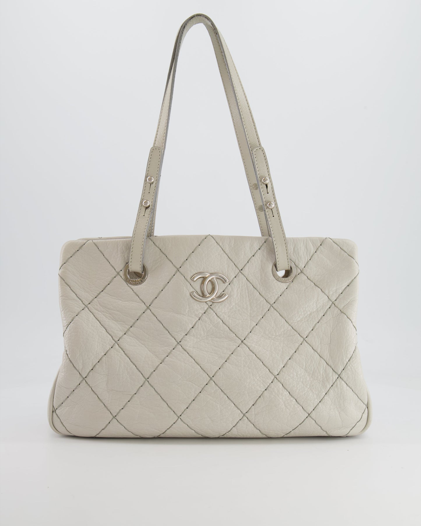 Chanel Light Grey Matelasse Leather Shoulder Tote Bag with Silver Hardware