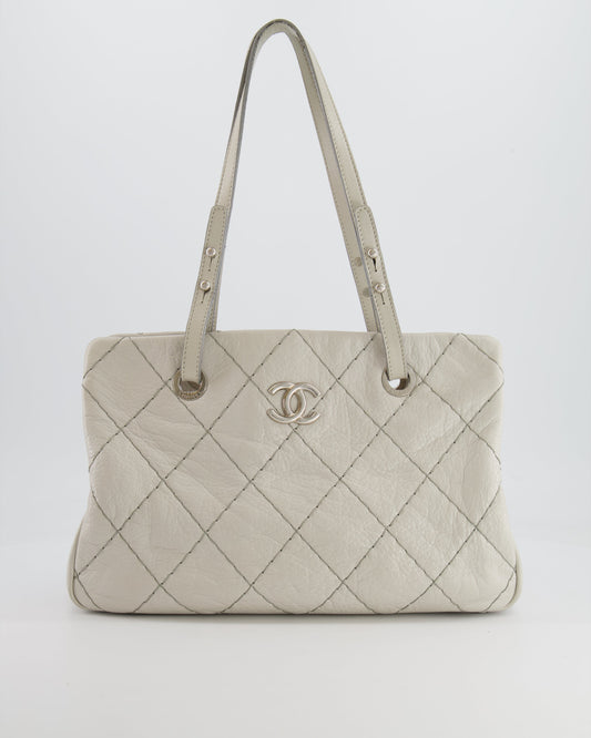 Chanel Light Grey Matelasse Leather Shoulder Tote Bag with Silver Hardware