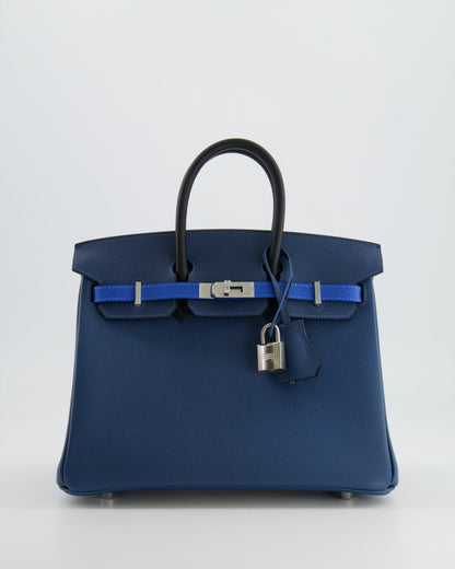 Hermès Birkin 25cm Retourne Tricolour in Deep Blue, Bleu Hydra and Black Epsom Leather with Palladium Hardware
