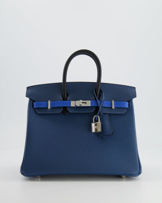 Hermès Birkin 25cm Retourne Tricolour in Deep Blue, Bleu Hydra and Black Epsom Leather with Palladium Hardware