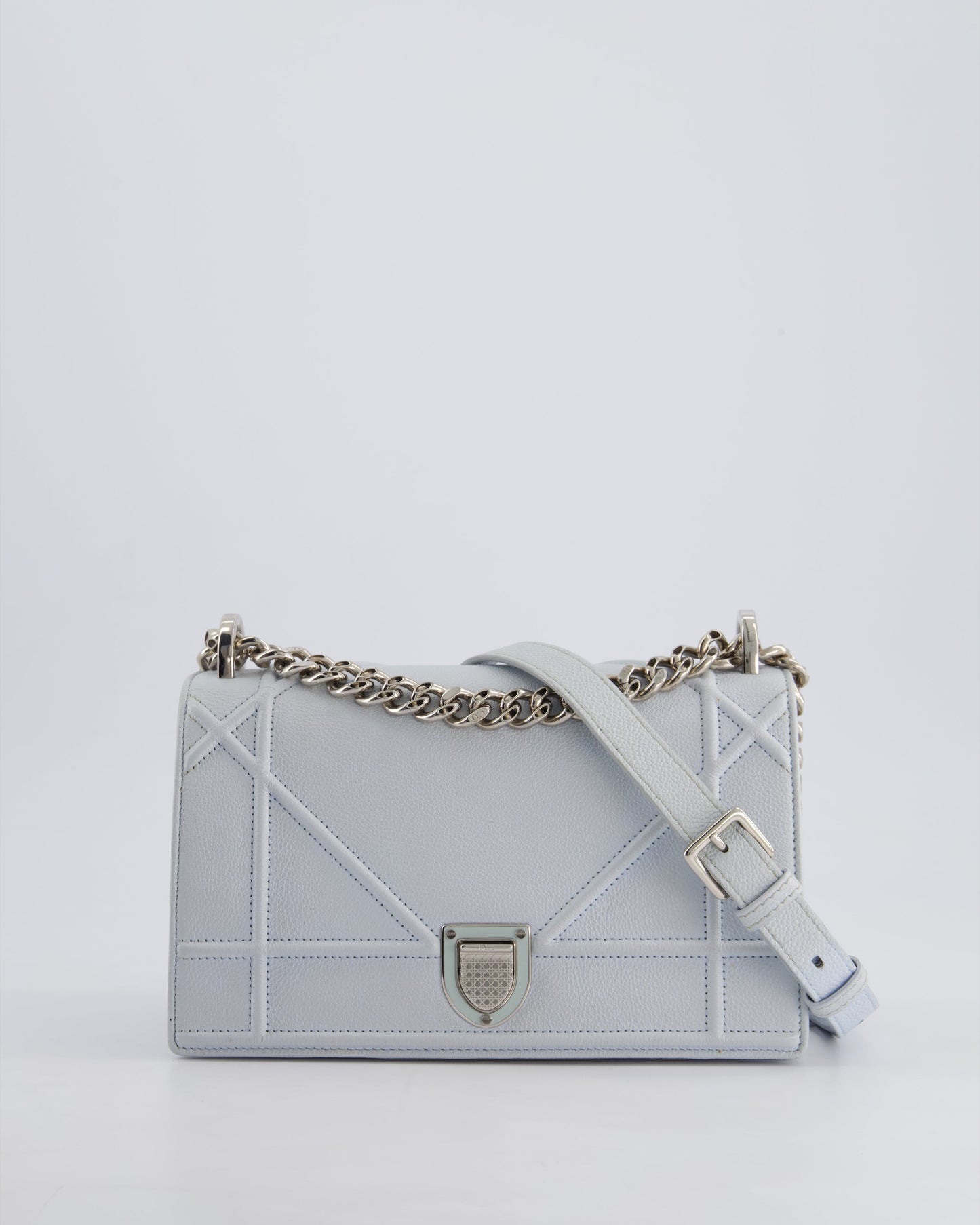 Christian Dior Baby Blue Small Diorama Flap Bag in Grained Calfskin Leather with Silver Hardware