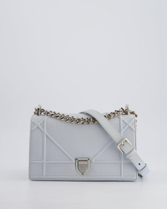 Christian Dior Baby Blue Small Diorama Flap Bag in Grained Calfskin Leather with Silver Hardware