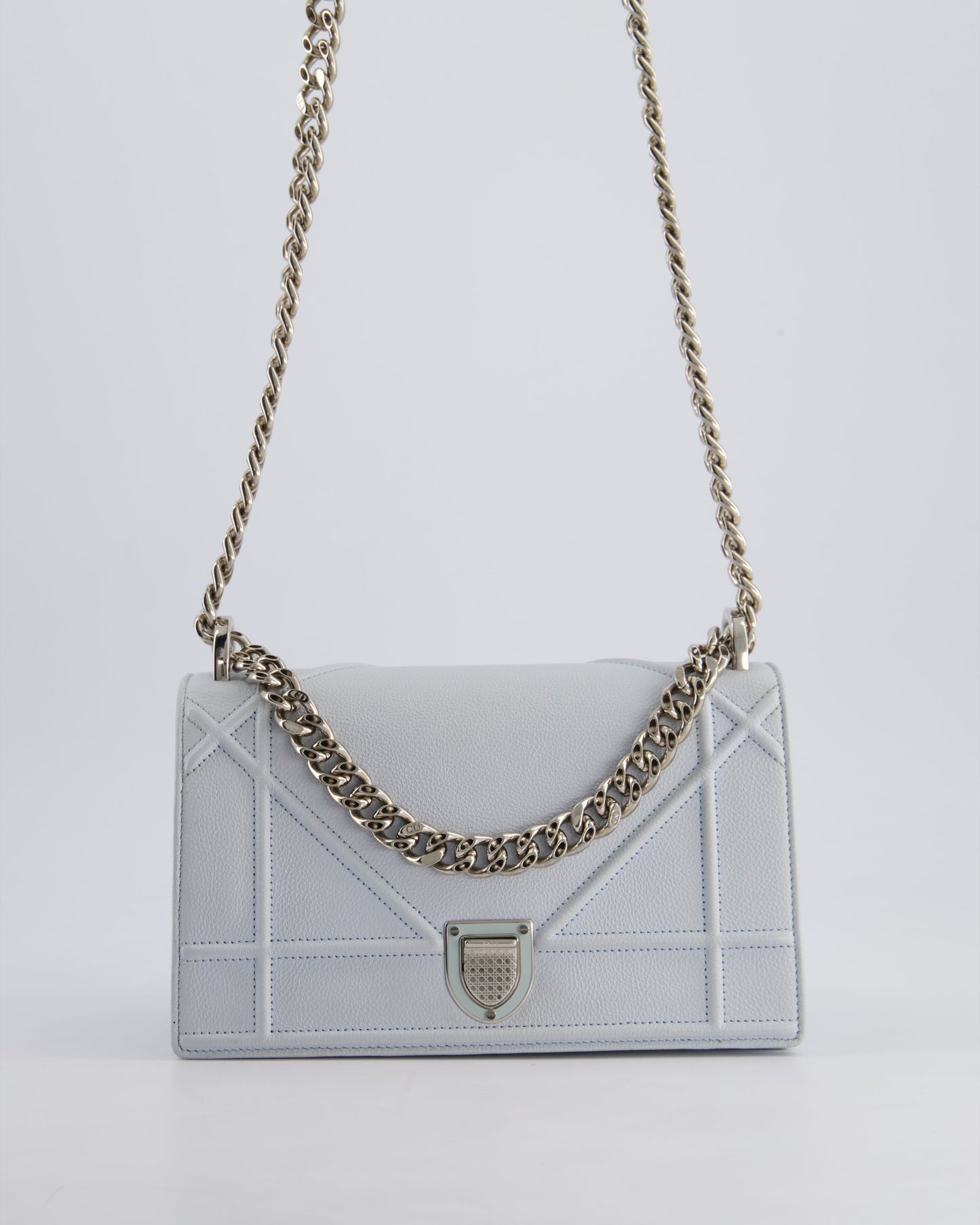 Christian Dior Baby Blue Small Diorama Flap Bag in Grained Calfskin Leather with Silver Hardware